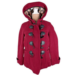 Burberry Brit Finsdale Wool Duffel Coat US 4 Red Peacoat Nova Check Toggle Hood